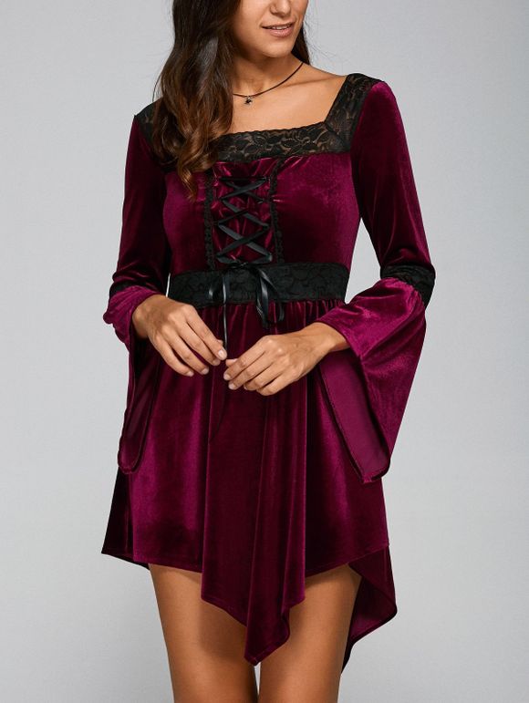 Lace Spliced ​​Lace-Up Handckerchief Dress - Rouge vineux S