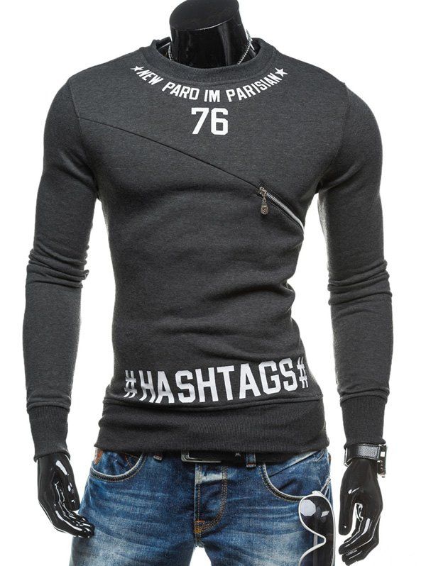 

76 Printed Crew Neck Zipper Embellished Sweatshirt, Deep gray