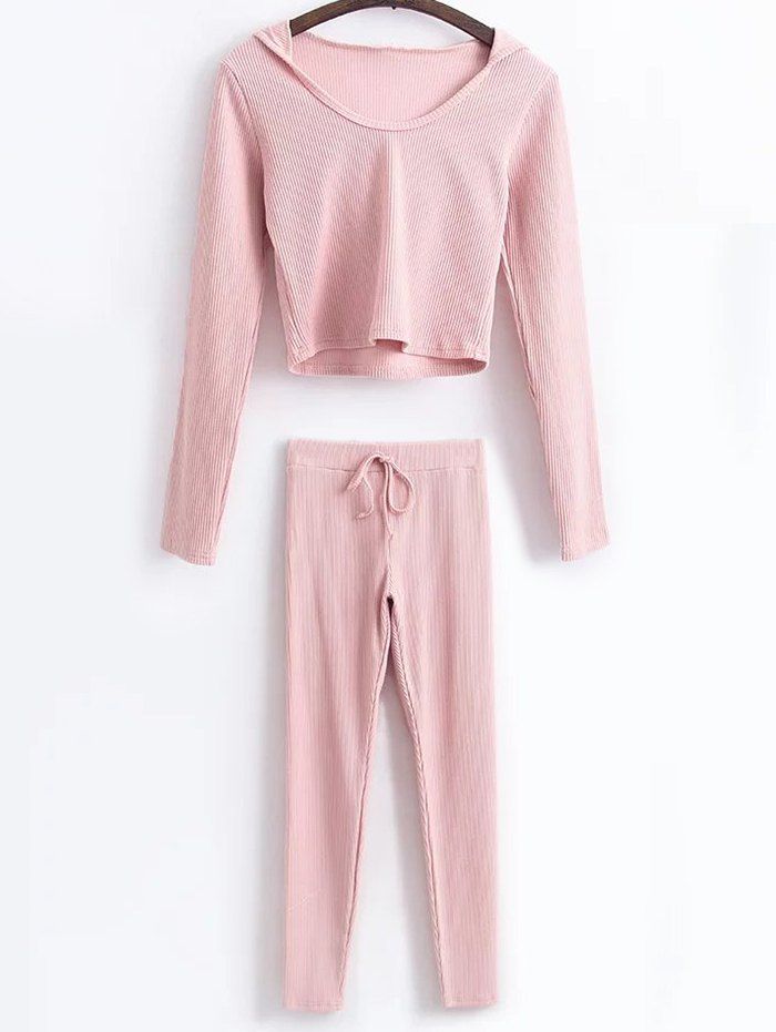 

Hooded Crop Top With Drawstring Leggings Gym Suit, Pink