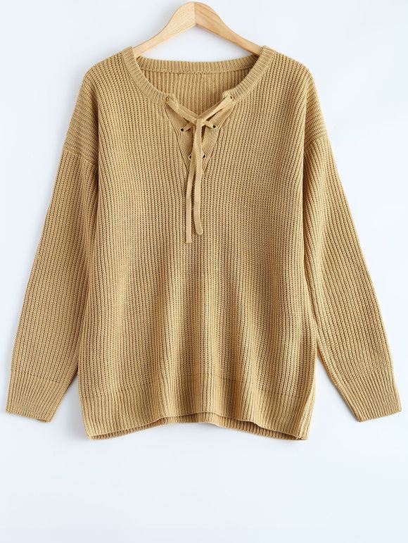 Lace Up Pull Plus Size Sweater - Kaki 2XL
