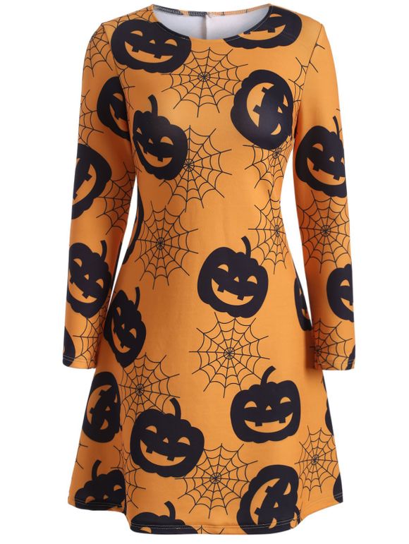 Robe Swing Imprimée Halloween Lanterne de Citrouille - Orange Jaune XL