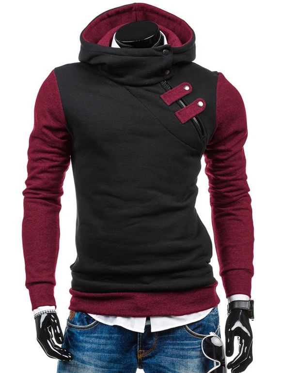Sweatshirt à Capuche Amincissant Deux Tons avec Zip à Moitié sur le Côté - Noir XL