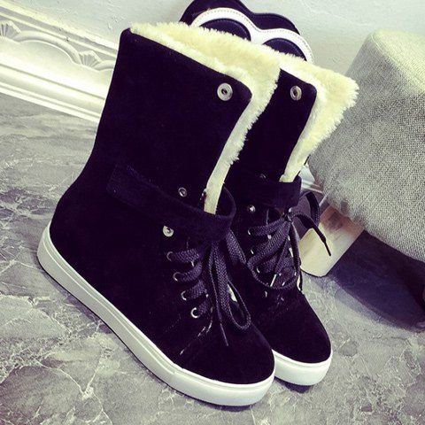 

Fold Over Lace Up Fleece Plush Ankle Boots, Black