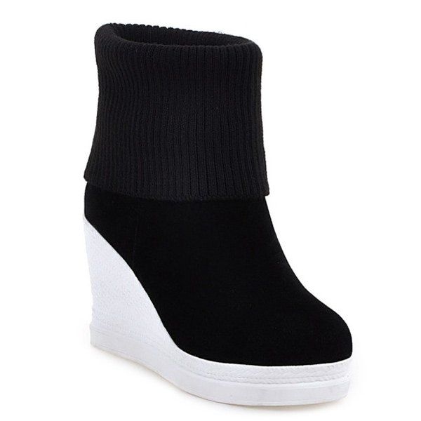 

Wedge Fold Over Knit Sweater Ankle Boots, Black