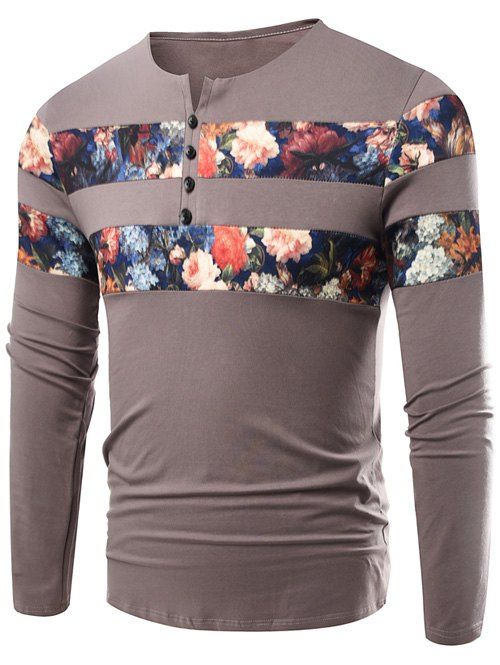 

Notch Neck Floral Print T-Shirt, Coffee