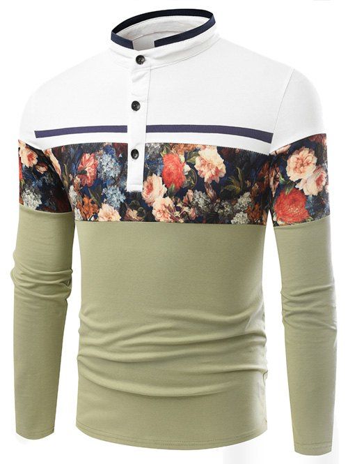 Stand Collar Long Sleeve Floral Printed T-Shirt - GREEN L