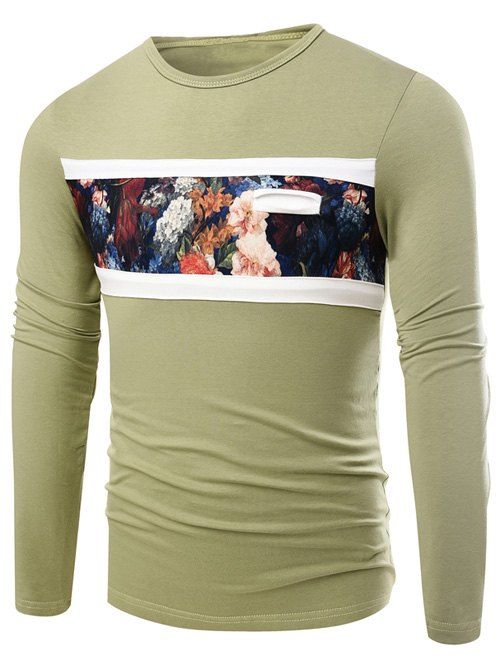

Round Neck Long Sleeve Floral Print T-Shirt, Green