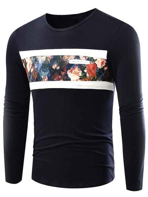 

Round Neck Long Sleeve Floral Print T-Shirt, Purplish blue