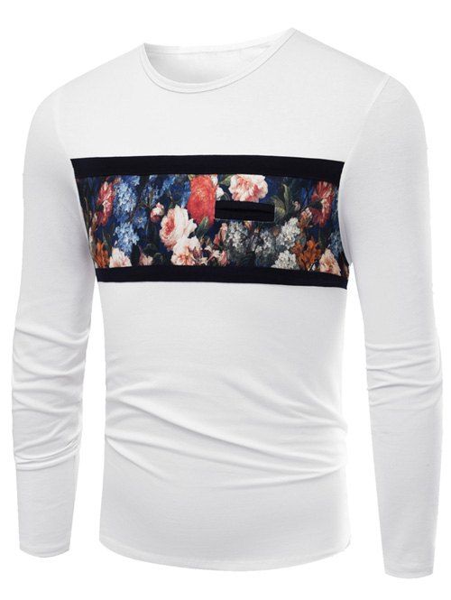 

Round Neck Long Sleeve Floral Print T-Shirt, White