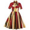 Bowknot Geometric Print Swing Vintage Dress - Jaune et Rouge 2XL