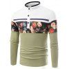 Stand Collar Long Sleeve Floral Printed T-Shirt - GREEN L