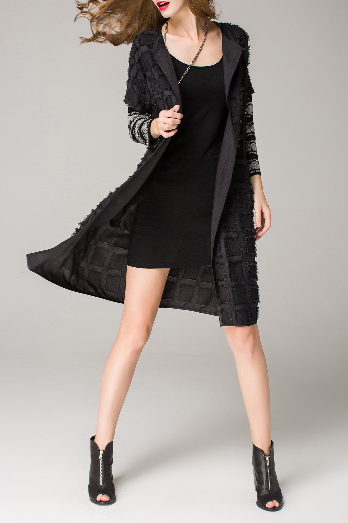 

Open Print Plaid Coat, Black