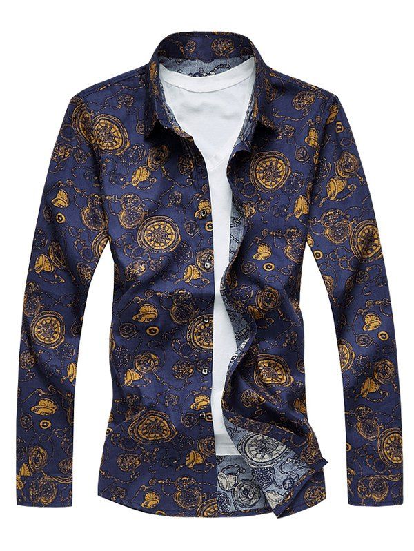 

Pocket Watch Print Long Sleeve Plus Size Shirt, Colormix