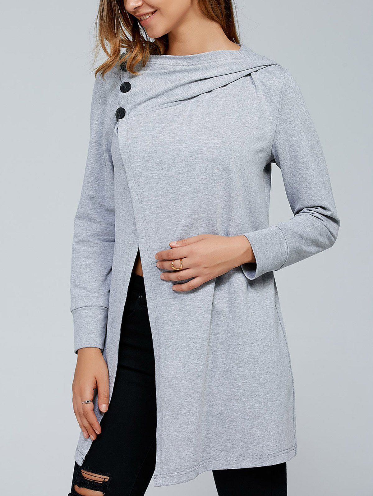 Inclined Button Front Slit Hoodie - LIGHT GRAY XL