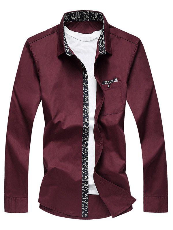 

Floral Print Edging Long Sleeve Plus Size Shirt, Wine red