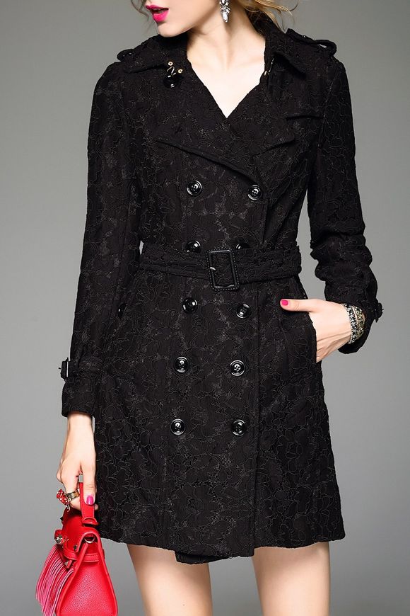Lace Coat Belted Une ligne Tench - Noir XL