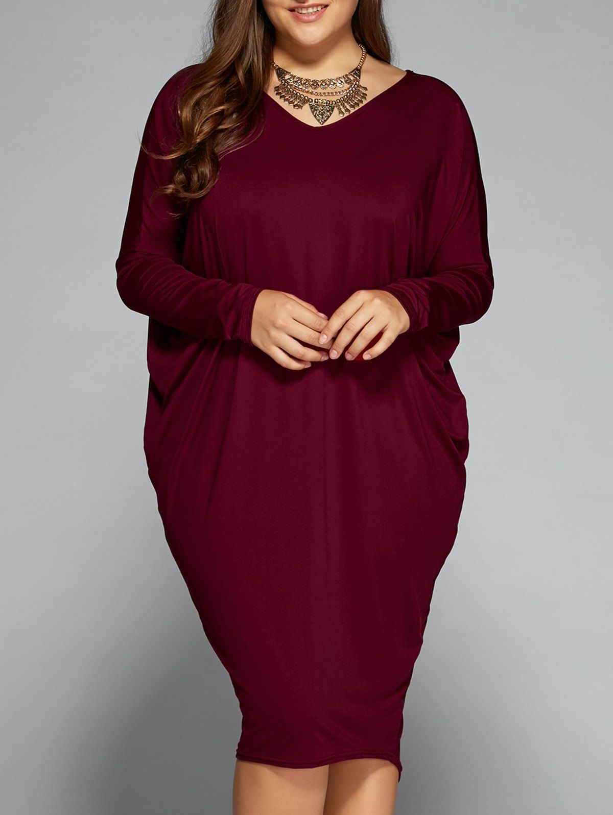 

Loose Hollow Out Asymmetric Dress, Wine red