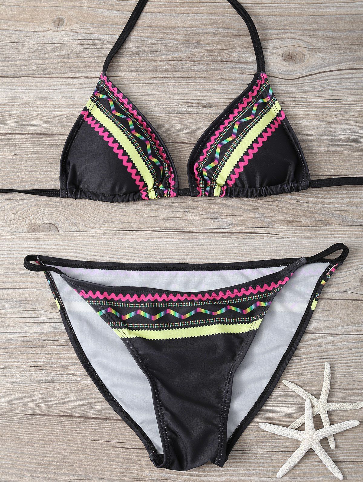 

Ethnic Print Halter String Bikini, Black