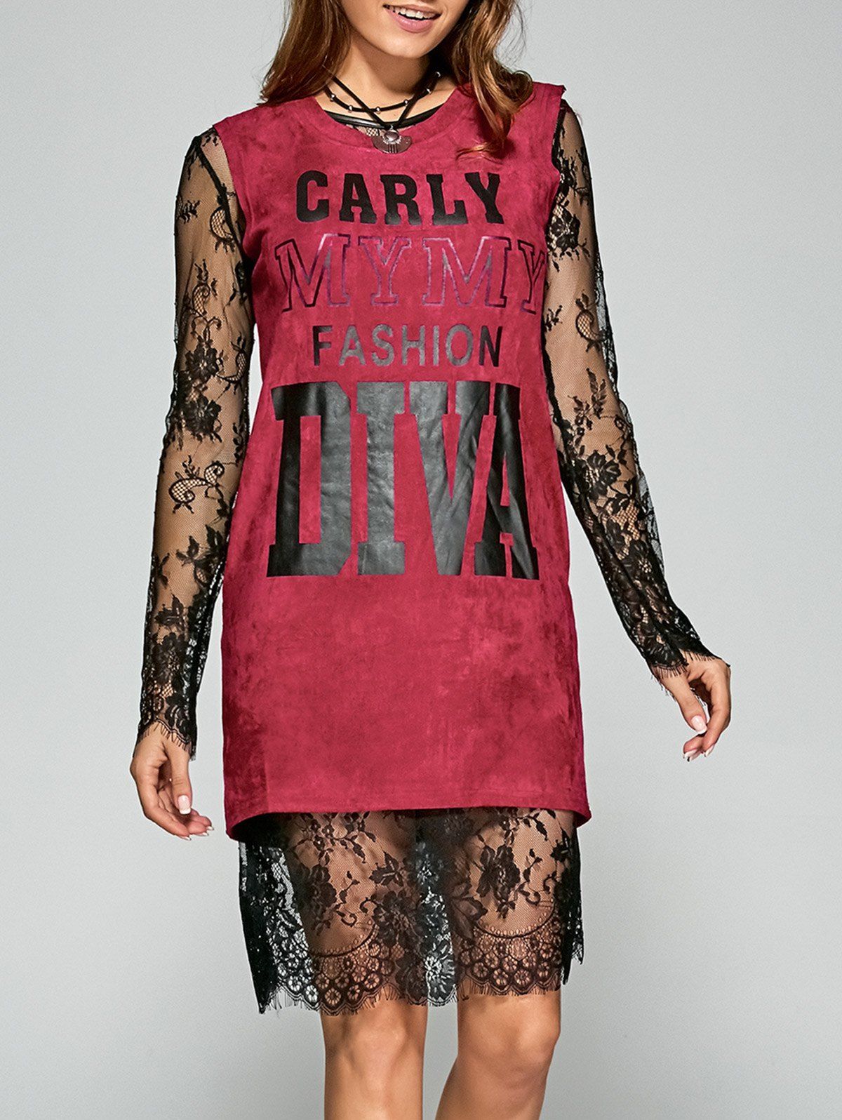 

Lace See Through Dress + Graphic Suede Tee, Wine red