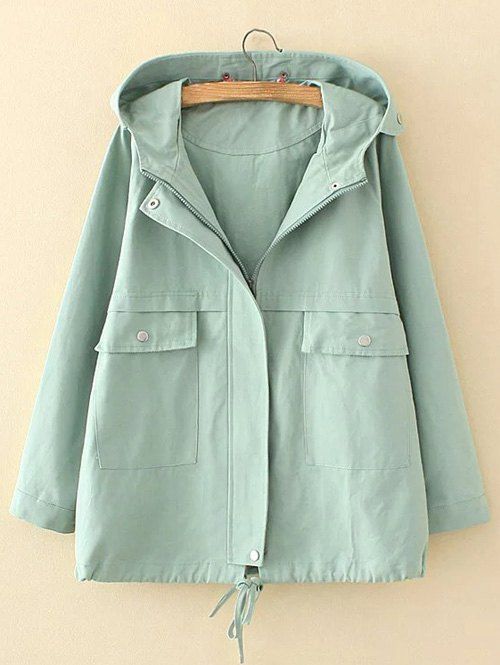 

Plus Size Hooded Pocket Design Trench Coat, Light green