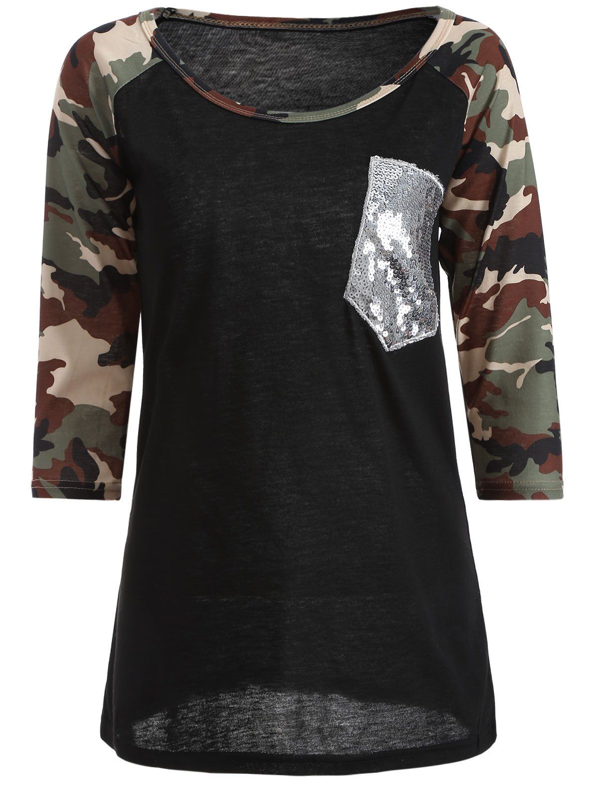 [41% OFF] 2021 Camo Embellished Raglan Sleeve T-Shirt In BLACK | DressLily