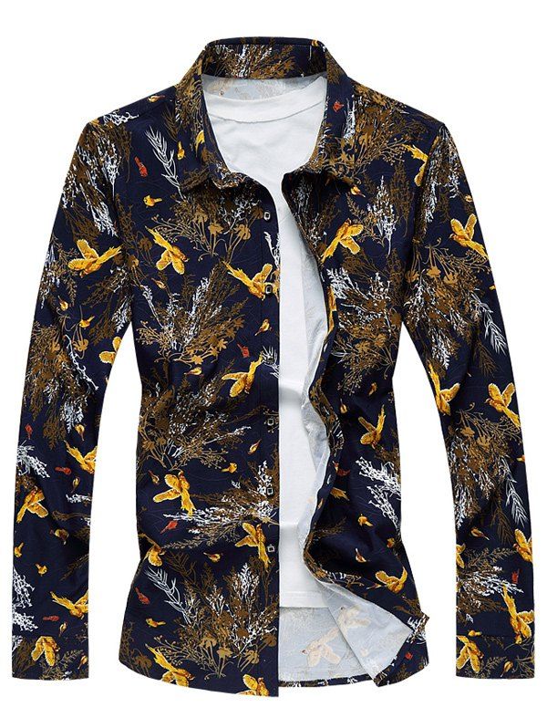 

3D Birds and Leaves Print Long Sleeve Plus Size Shirt, Colormix