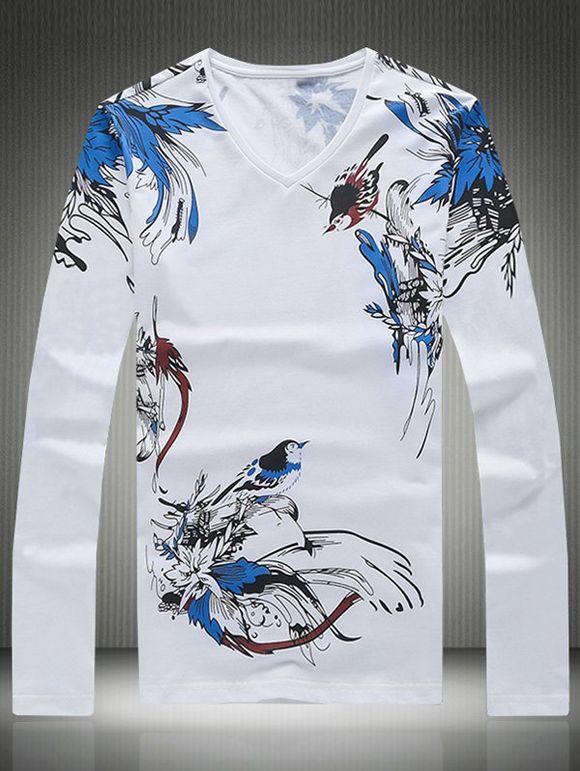 V-Neck Plus Size manches longues Bird and Floral T-shirt imprimé - Blanc 2XL
