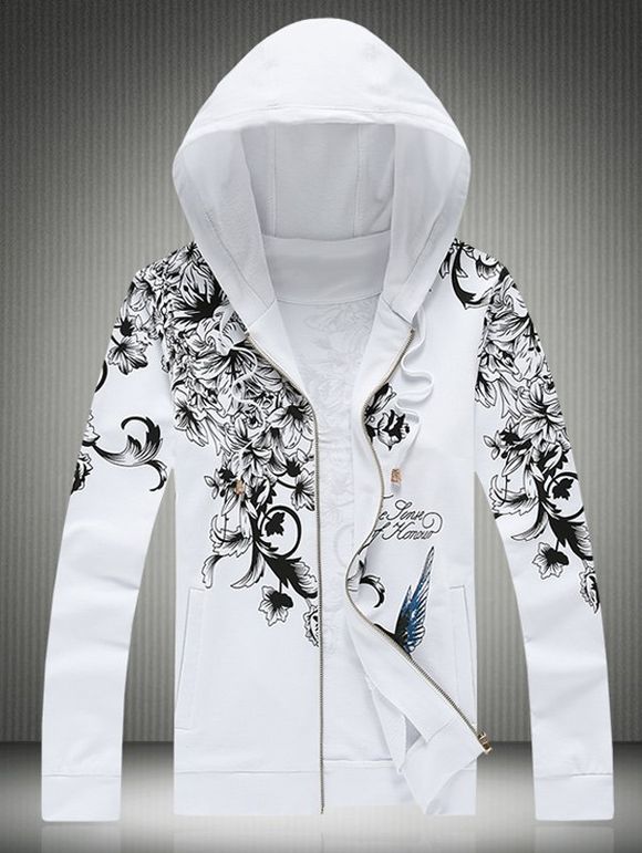 Bird and Floral Print Plus Size Hooded Zip-Up Hoodie - Blanc 4XL