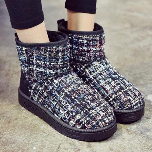 

Flat Heel Color Block Splicing Snow Boots, Black and purple