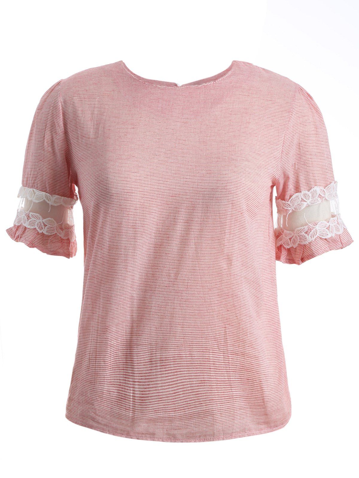 

Ruffled Striped Lace Spliced T-Shirt, Pink