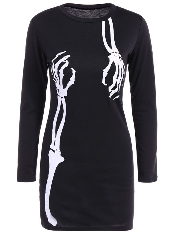 Printed Long Sleeve Bodycon Skin Tight Dress - BLACK XL