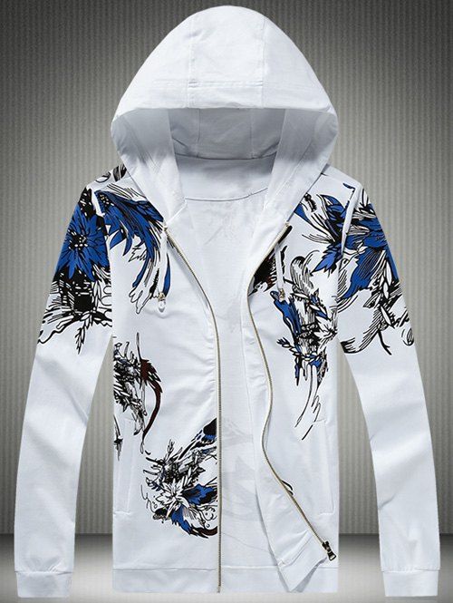Bird and Florals Imprimer Plus Size Hooded Zip-Up Hoodie - Blanc M