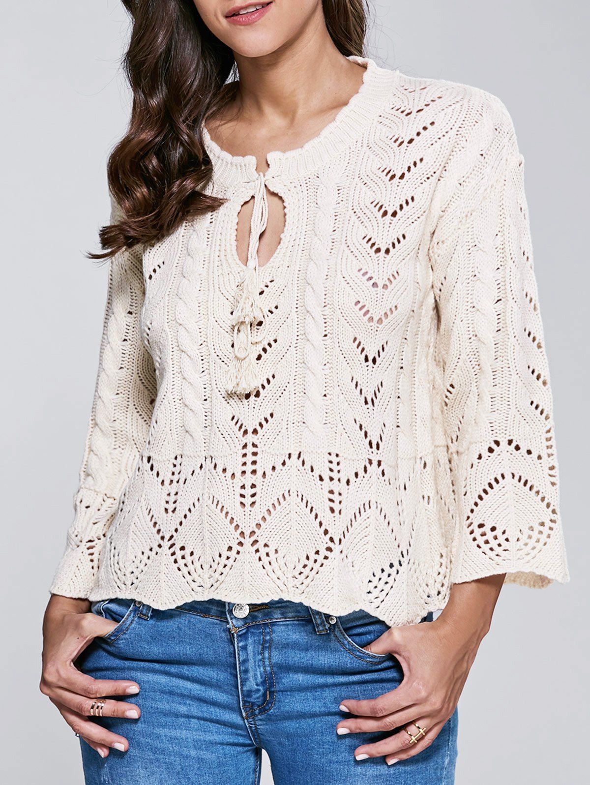 

Stand Neck Long Sleeve Hollow Out Sweater, White