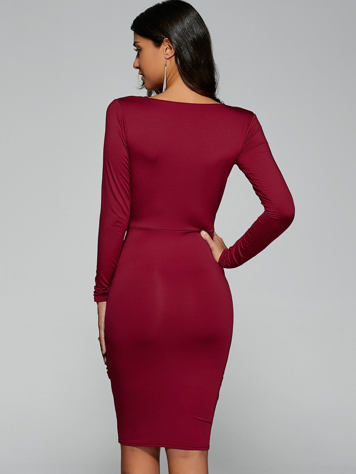 Twist Front Long Sleeve Bodycon Formal Midi Dress Red S In Bodycon
