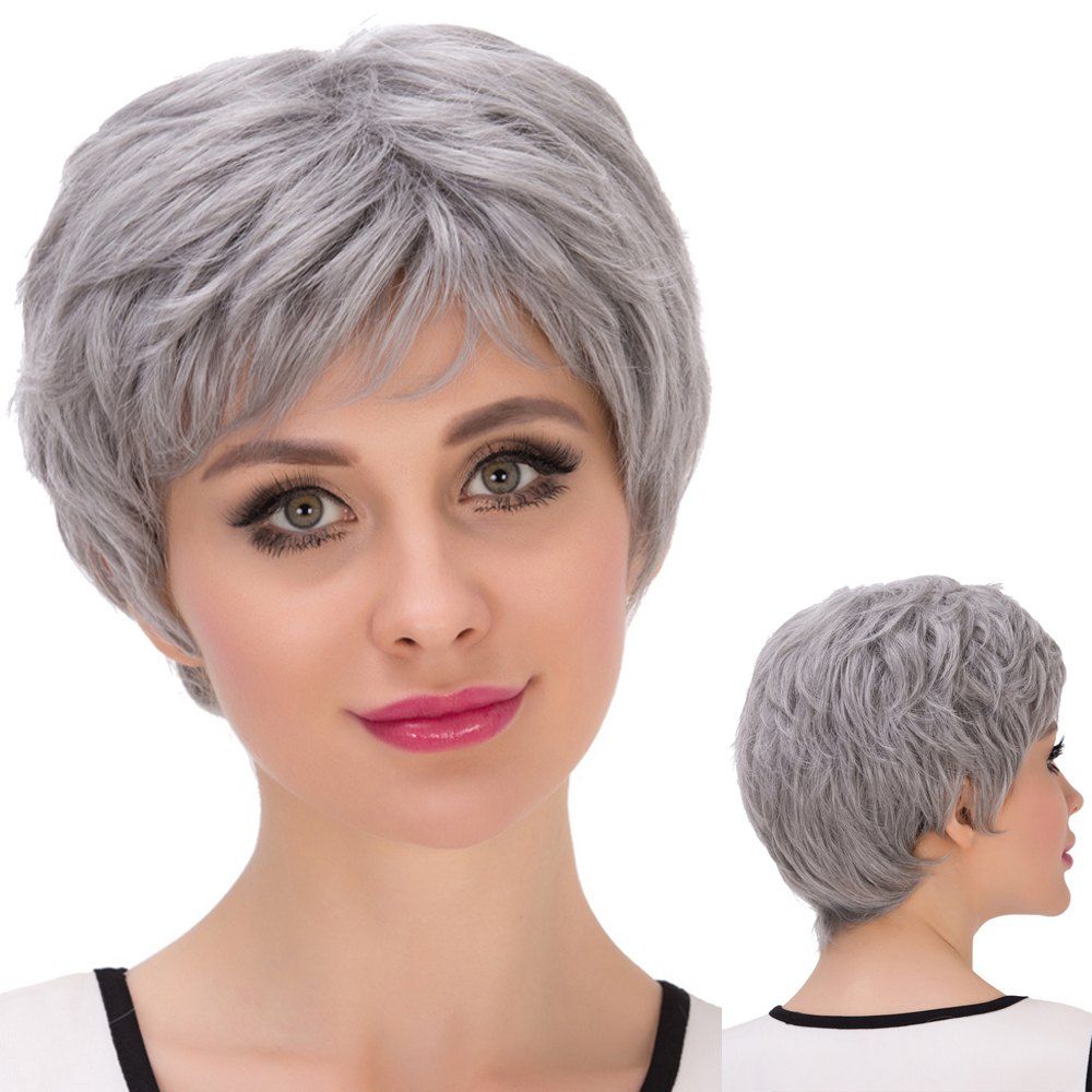 

Short Oblique Bang Shaggy Synthetic Wig, Silver gray