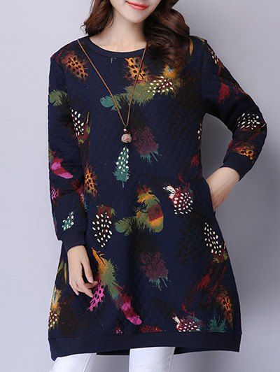 

Feather Pattern Splash-Ink Padded Dress, Deep blue