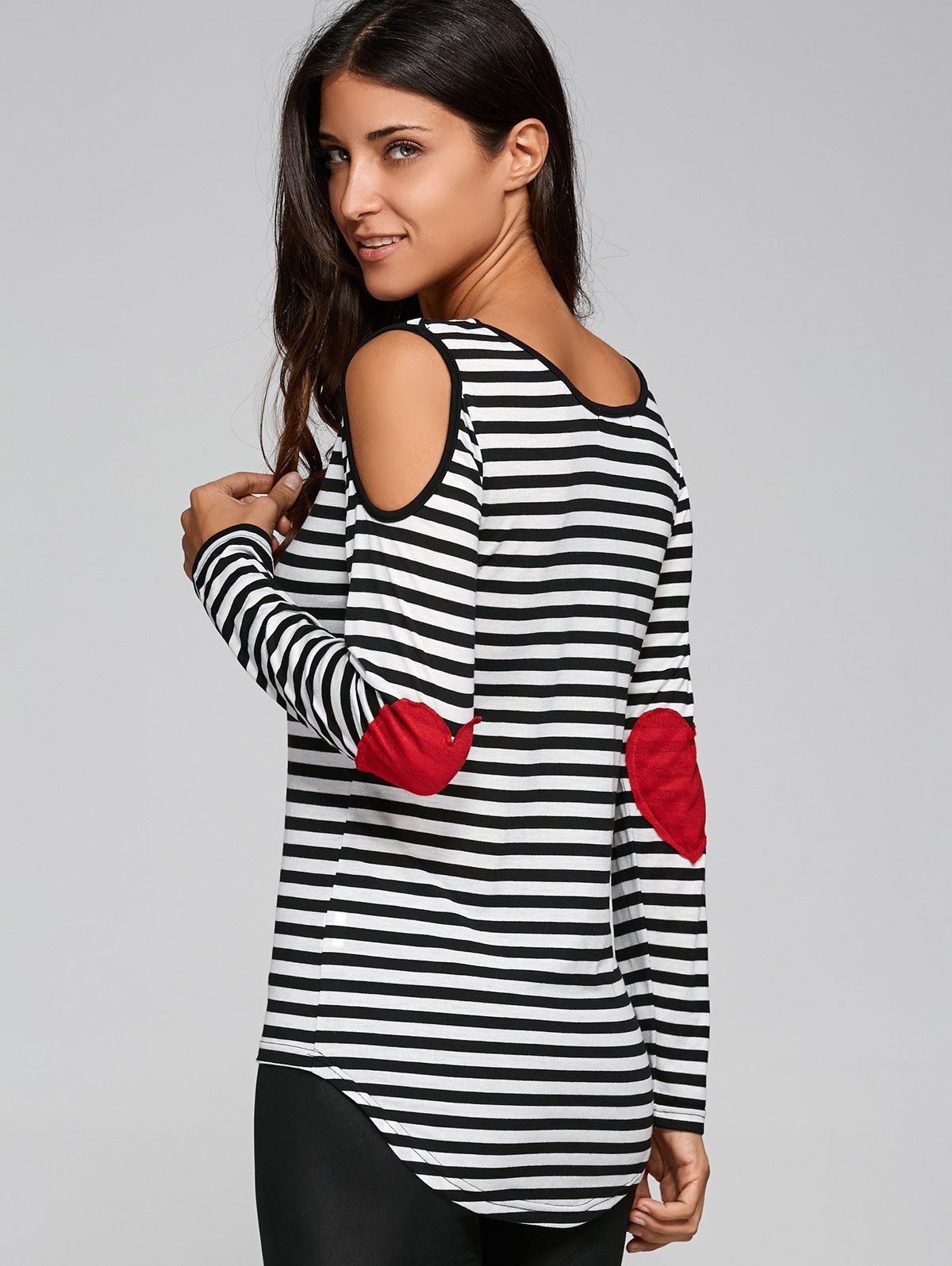 

Long Sleeve Scoop Neck Casual Striped Cold Shoulder T-Shirt, Black