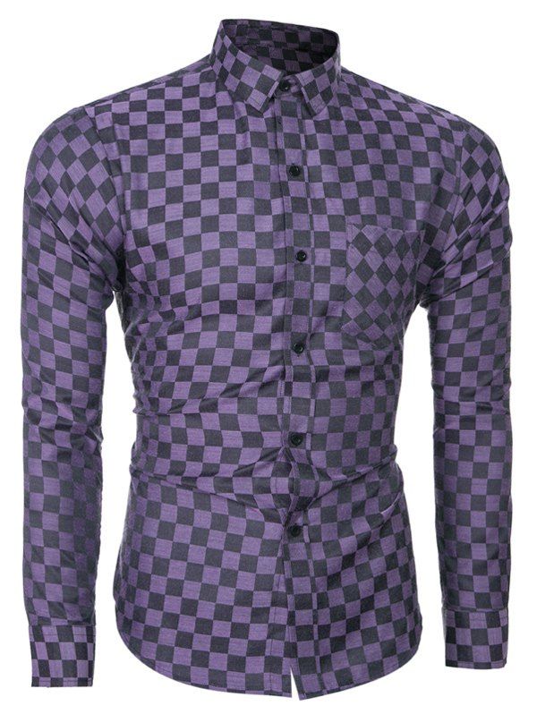 

Long Sleeve Plaid Printed Single-Breasted Shirt, Purple