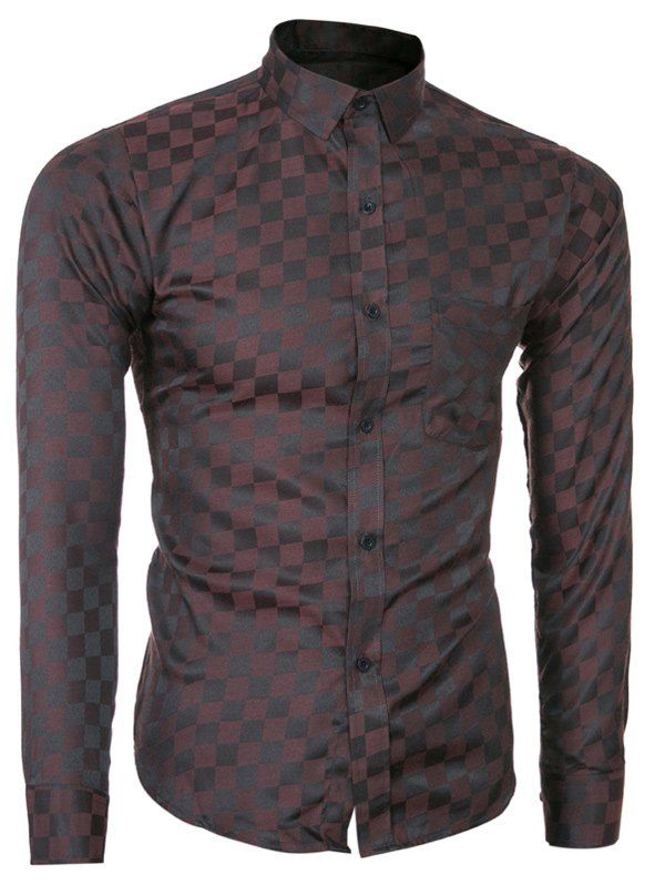 

Long Sleeve Plaid Printed Single-Breasted Shirt, Coffee