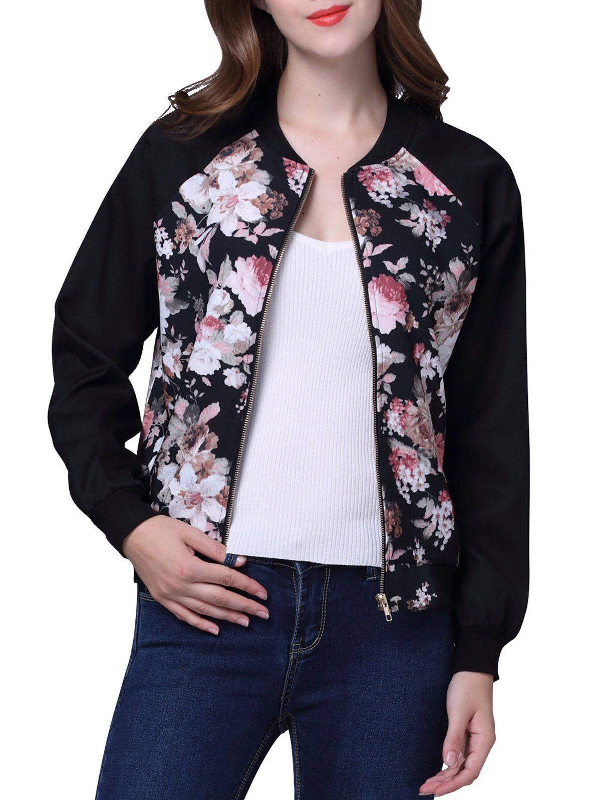 

Stand Collar Flower Jacket, Black