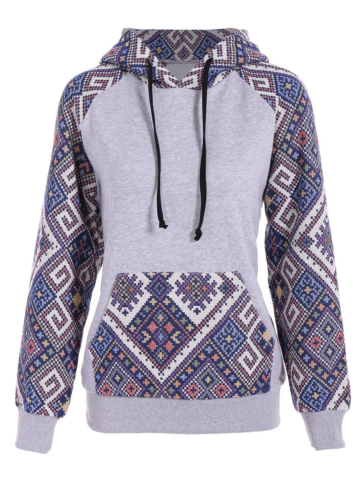 

Front Pocket Jacquard Tribal Hoodie, Gray and blue