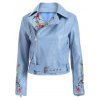 Mode Zipper Fly Oiseau brodé Faux Leather Jacket - Bleu clair L