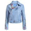 Fashion Zipper Fly Bird Embroidered Faux Leather Jacket - LIGHT BLUE M