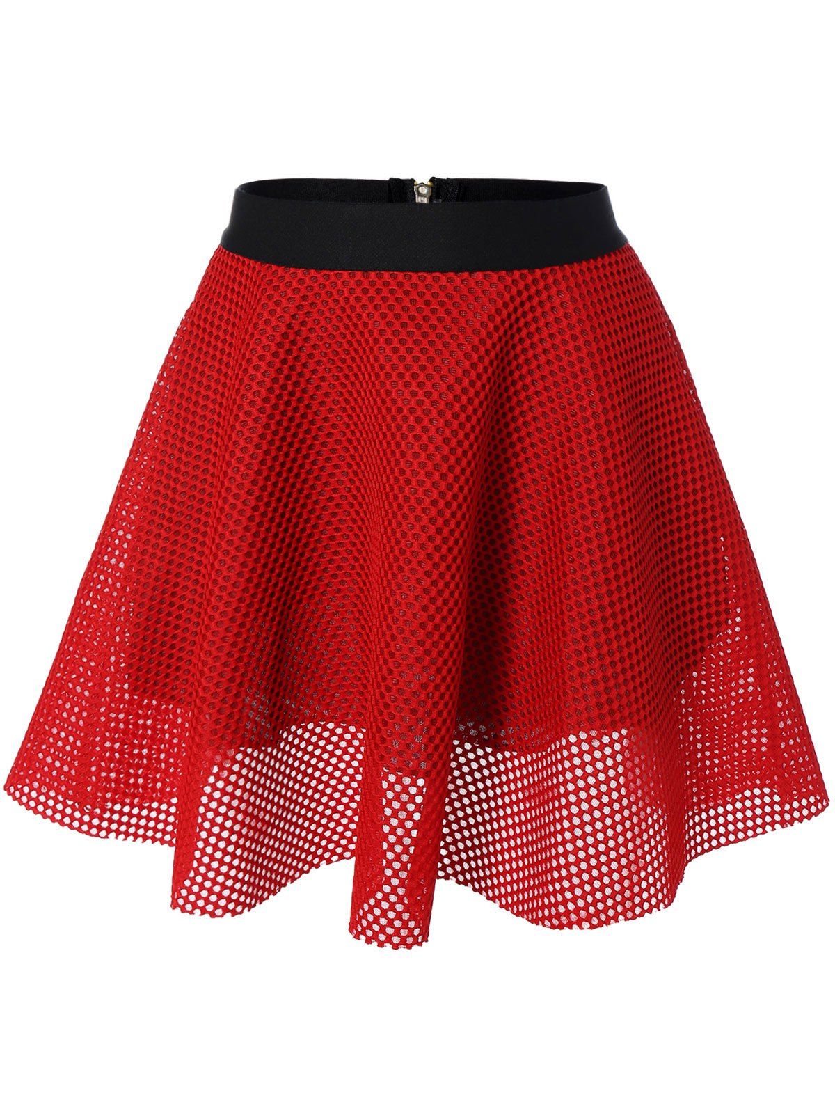 

Mesh High Waisted Flare Skirt, Red