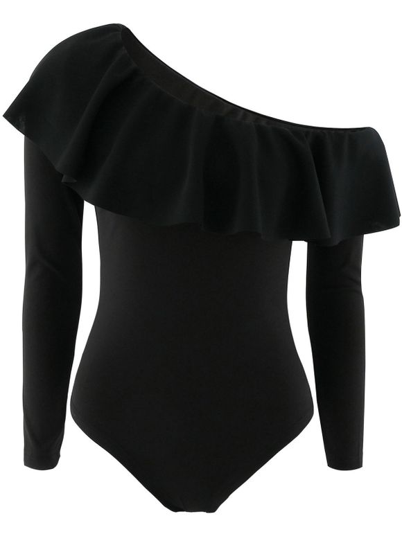 Une épaule manches longues Volants Bodysuit - Noir XL