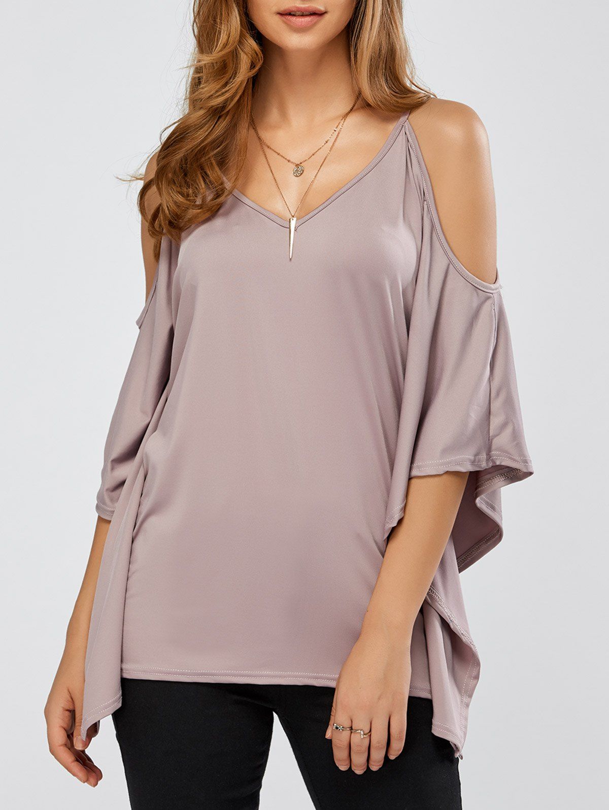 

Batwing Sleeves Cold Shoulder T-Shirt, Camel