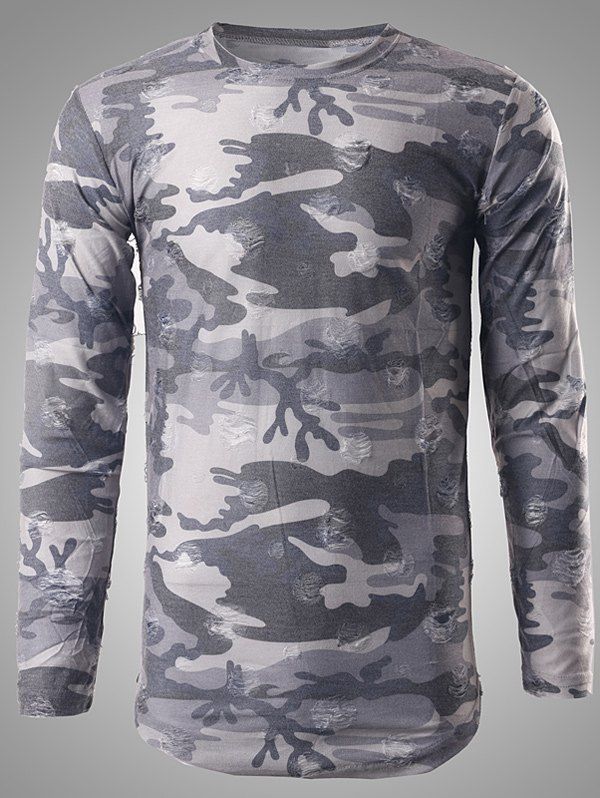 

Round Neck Distressed Camouflage T-Shirt, Gray
