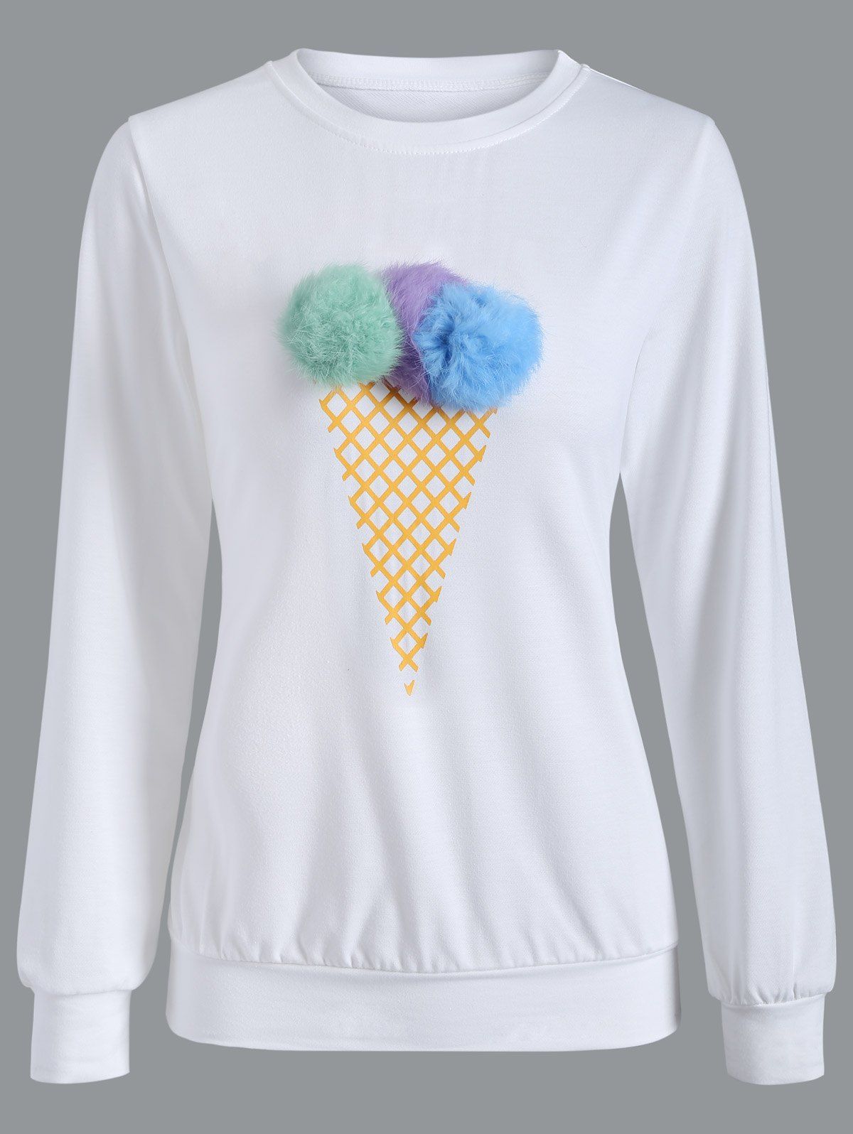 

Crew Neck Pompom Sweatshirt, Blue and white