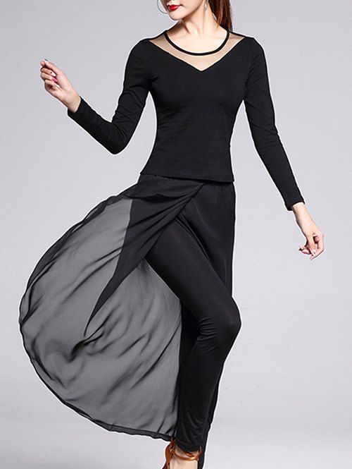 

Mesh Long Sleeve Top and Sarong Pants Set, Black