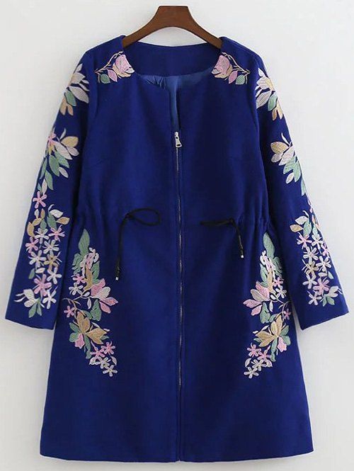 Floral Embroidery Drawstring Coat - SAPPHIRE BLUE S